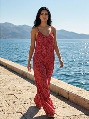 Red Printed Spaghetti-Strap Jumpsuit - Women